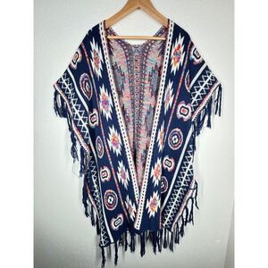 Earthbound Trading Co. Aztec Boho Knit Poncho Sweater Fringed Blanket Wrap Open